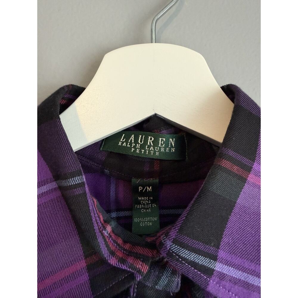 Lauren Ralph Lauren Petite Top PM Purple Plaid Ruffle Button Up Dark Academia - Picture 2 of 7